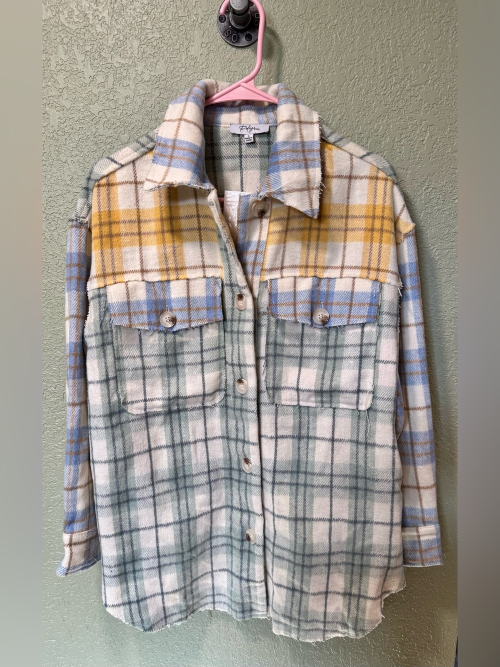 Polagram Plaid Button-Down Shirt Jacket in Yellow, Blue & Cream NWT Small